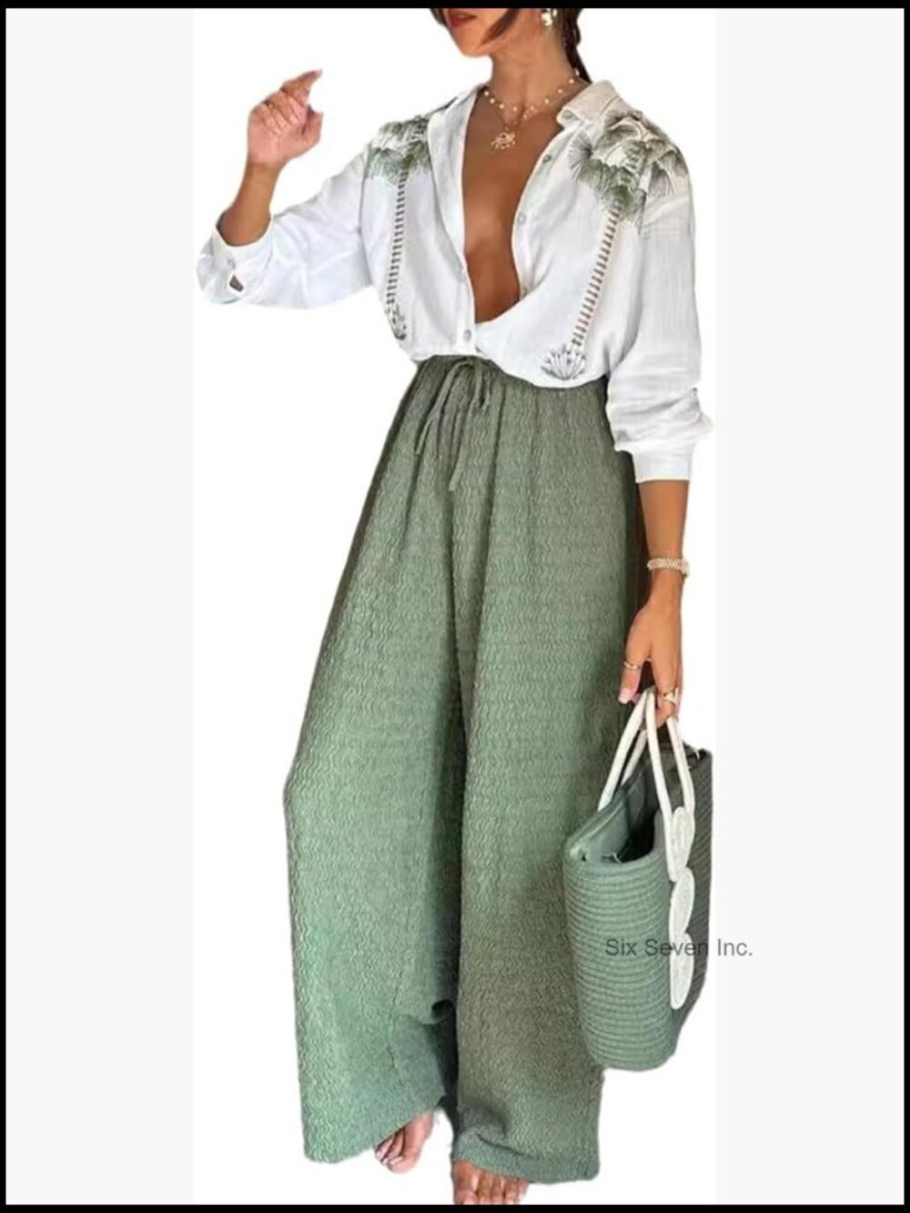 Women's Print 2 Piece Set Long Sleeve Lapel Button Top Wide Leg Pants Casual